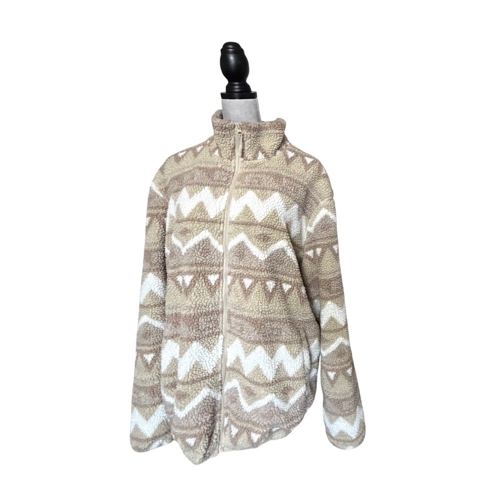 Cotton On Garments Womens XL Teddy Fleece Jacket Tan White Fair Isle Full Zip